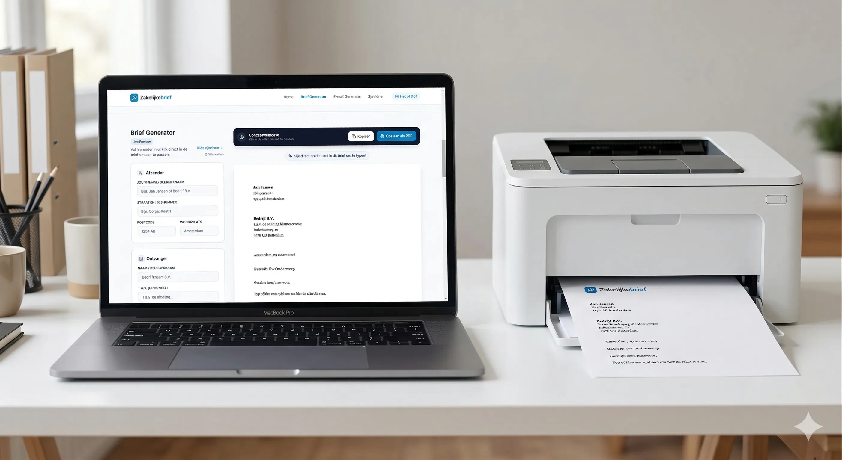 Voorbeeld van de Brief Generator interface op een A4-document